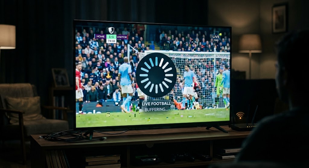 Imagem de uma TV com ícone de buffering, representando IPTV com buffering constante e problemas de conexão.