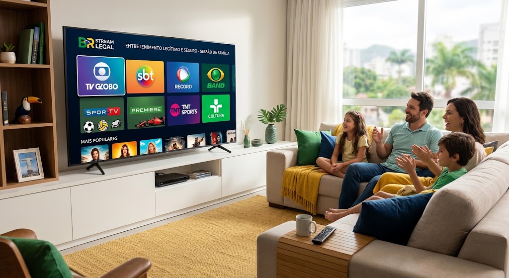 Família assistindo a um serviço de IPTV legalizado no Brasil com diversos canais e esportes.
