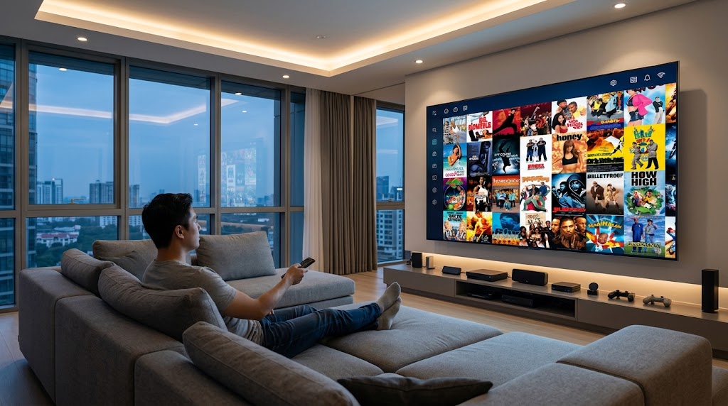 Melhor IPTV para filmes e séries: sala de estar moderna com TV exibindo conteúdo.
