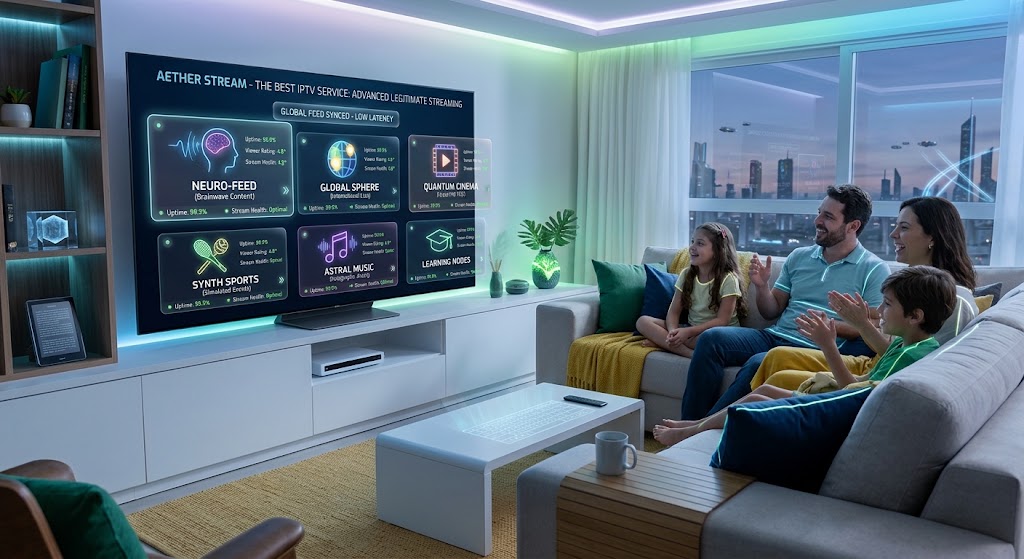 Imagem de um futuro com o melhor serviço de IPTV 2026 em uma sala moderna.