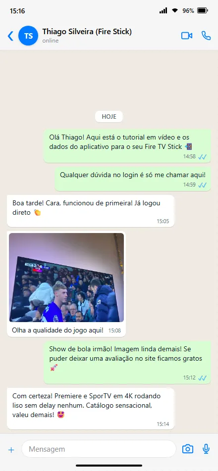 Depoimento real de cliente elogiando ativação rápida no WhatsApp da Recarga TV Box