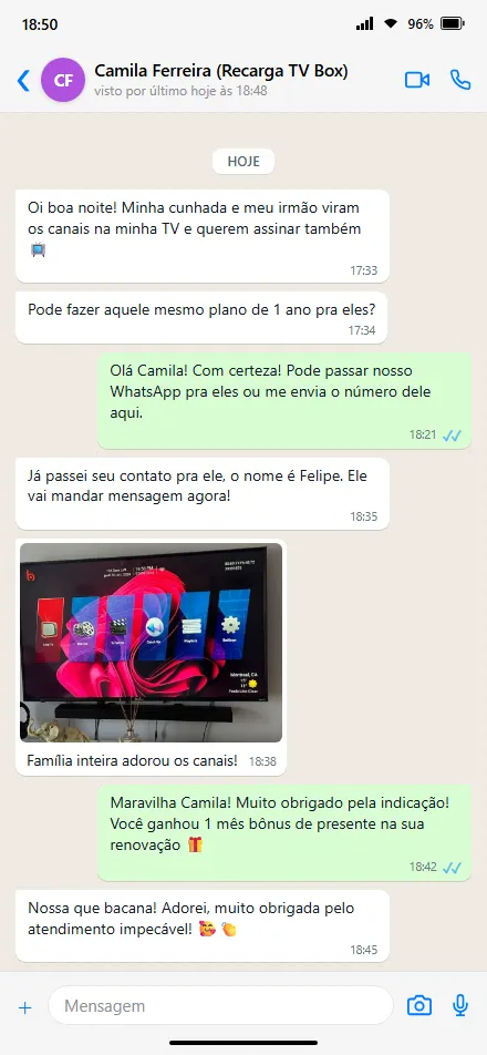 Feedback no WhatsApp sobre facilidade de instalação no Amazon Fire TV Stick