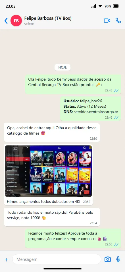 Cliente agradecendo suporte atencioso 24 horas no WhatsApp da Recarga TV Box